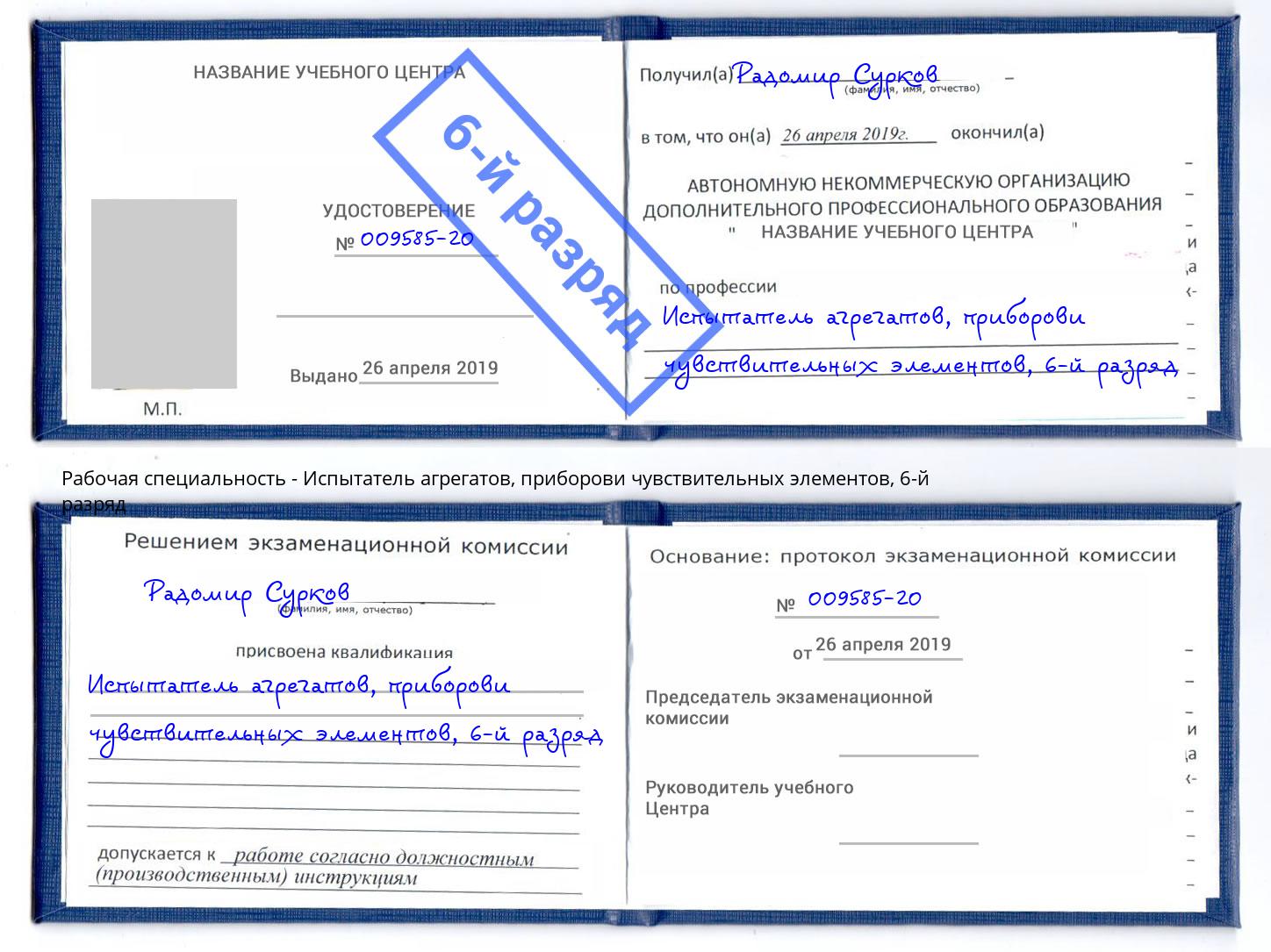 корочка 6-й разряд Испытатель агрегатов, приборови чувствительных элементов Урус-Мартан