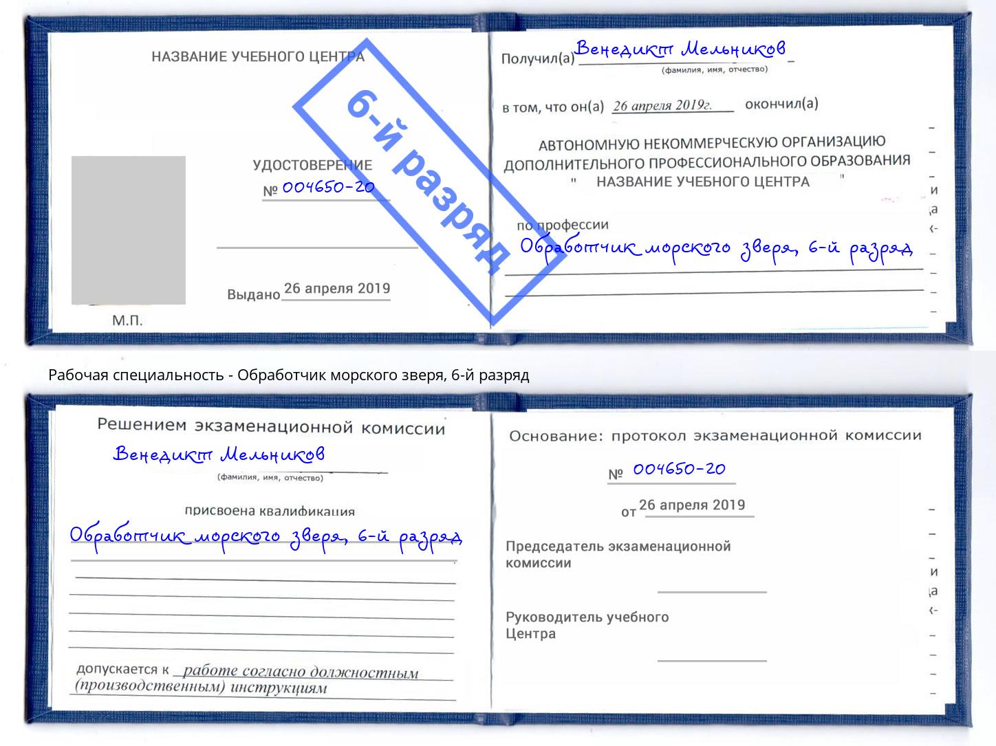 корочка 6-й разряд Обработчик морского зверя Урус-Мартан