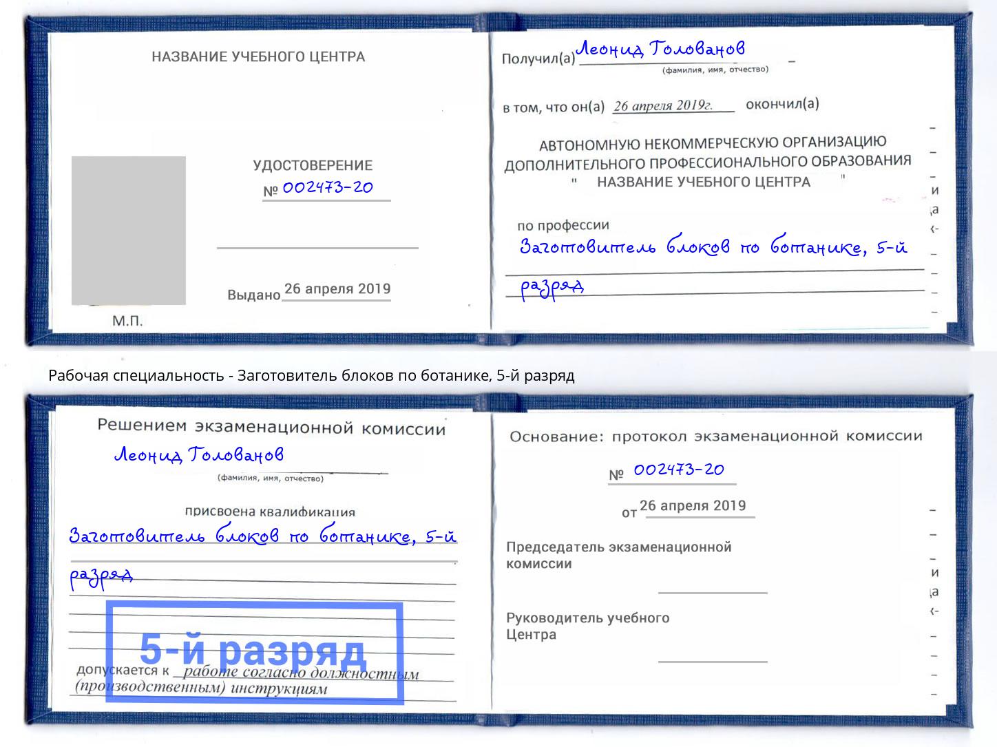 корочка 5-й разряд Заготовитель блоков по ботанике Урус-Мартан