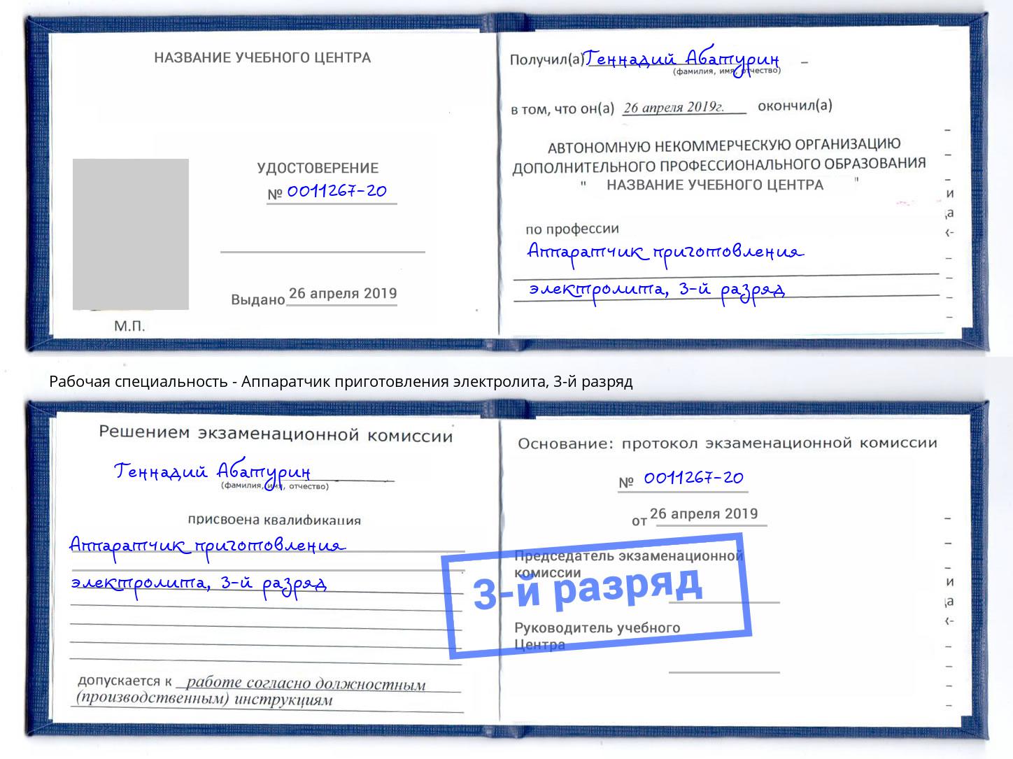 корочка 3-й разряд Аппаратчик приготовления электролита Урус-Мартан
