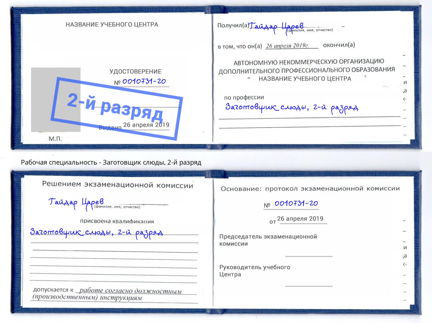 корочка 2-й разряд Заготовщик слюды Урус-Мартан