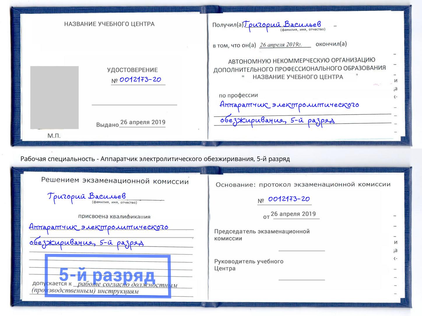 корочка 5-й разряд Аппаратчик электролитического обезжиривания Урус-Мартан